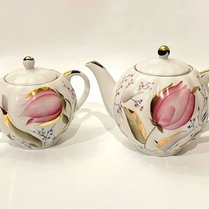 Russian IFZ Lomonosov LFZ Enamel Painting 22K Teapot Sugar Bowl Pink Tulips